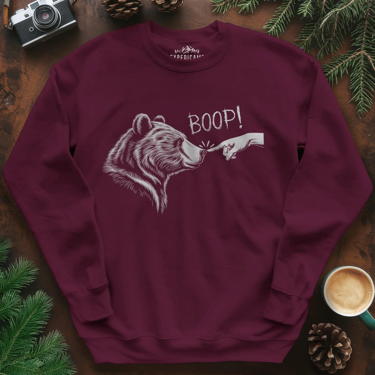 Boop Bear Sweatshirt – Funny Bear Lover Sweatshirt – Maroon – Outdoor apparel for travel, hiking, camping, and nature lovers – ExpediCamp