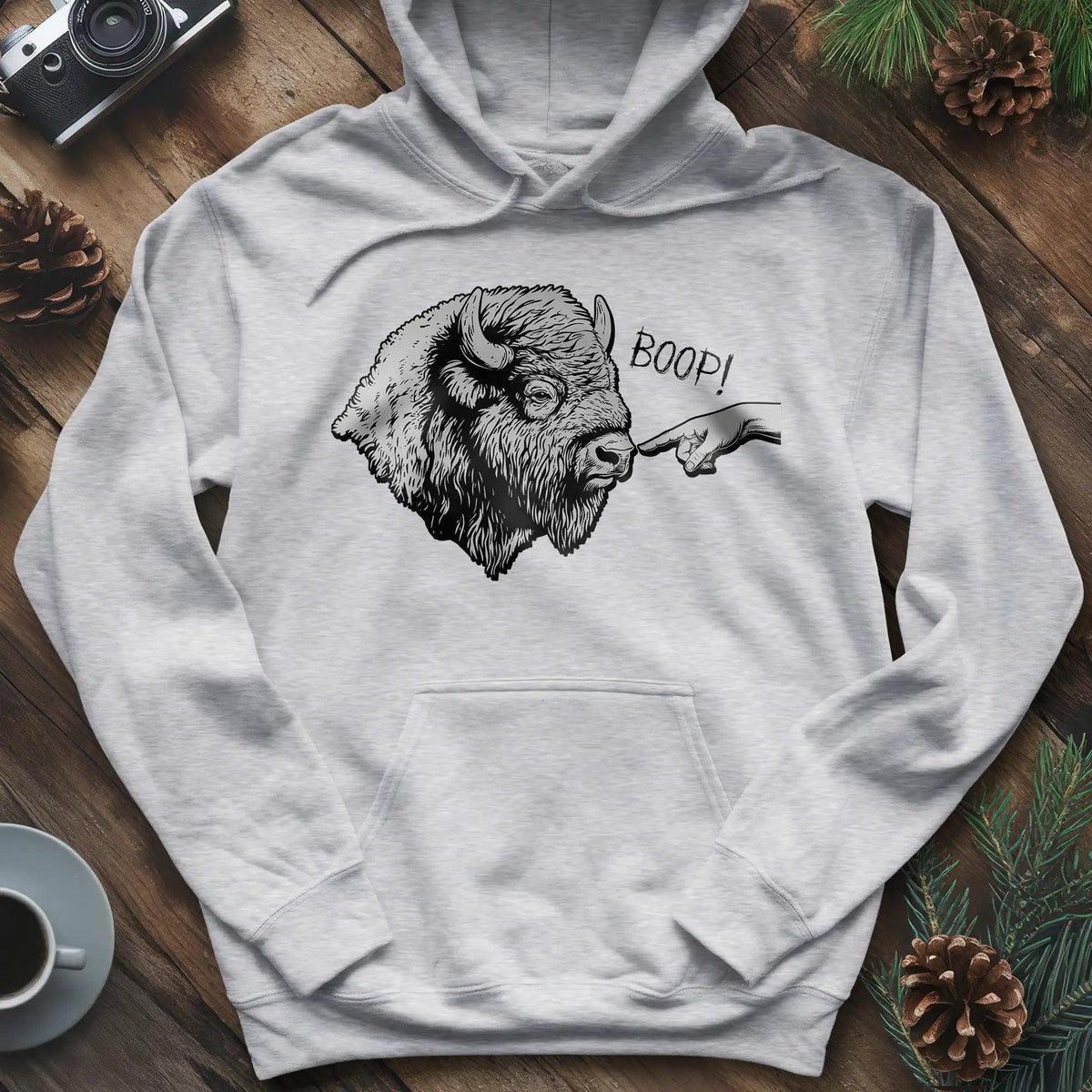 Boop Bison Hoodie – Ash – Outdoor apparel for travel, hiking, camping, and nature lovers – ExpediCamp