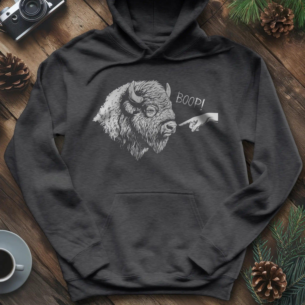 Boop Bison Hoodie – Dark Heather – Outdoor apparel for travel, hiking, camping, and nature lovers – ExpediCamp