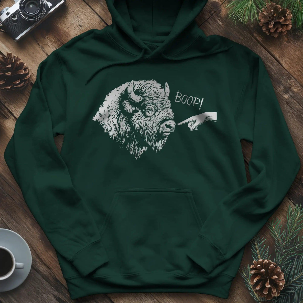 Boop Bison Hoodie – Forest Green – Outdoor apparel for travel, hiking, camping, and nature lovers – ExpediCamp