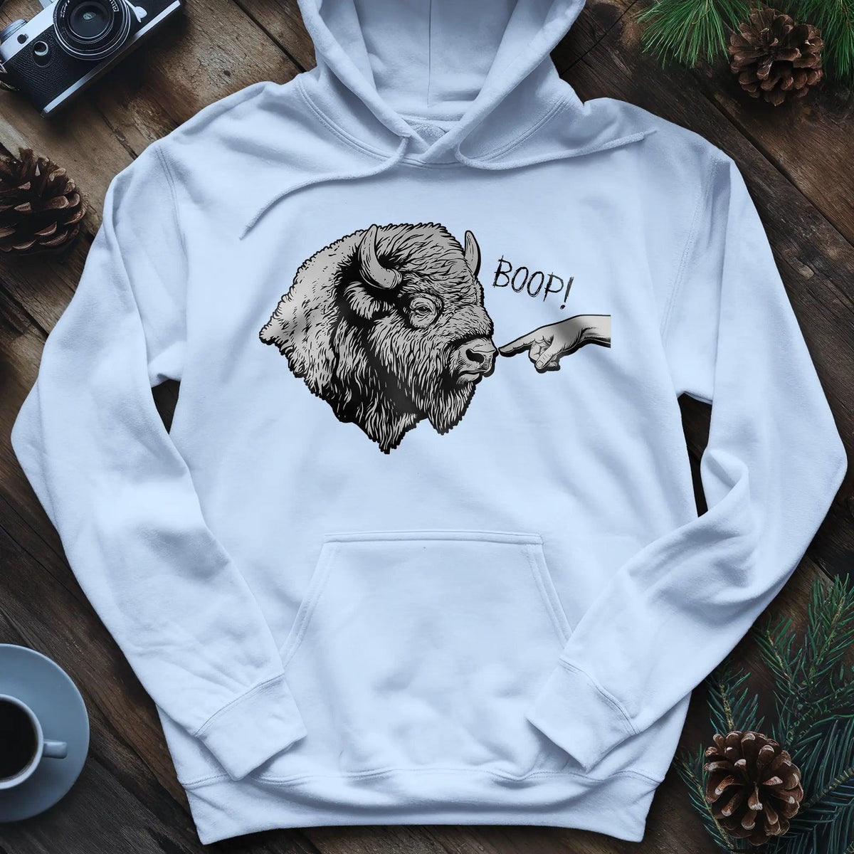 Boop Bison Hoodie – Light Blue – Outdoor apparel for travel, hiking, camping, and nature lovers – ExpediCamp