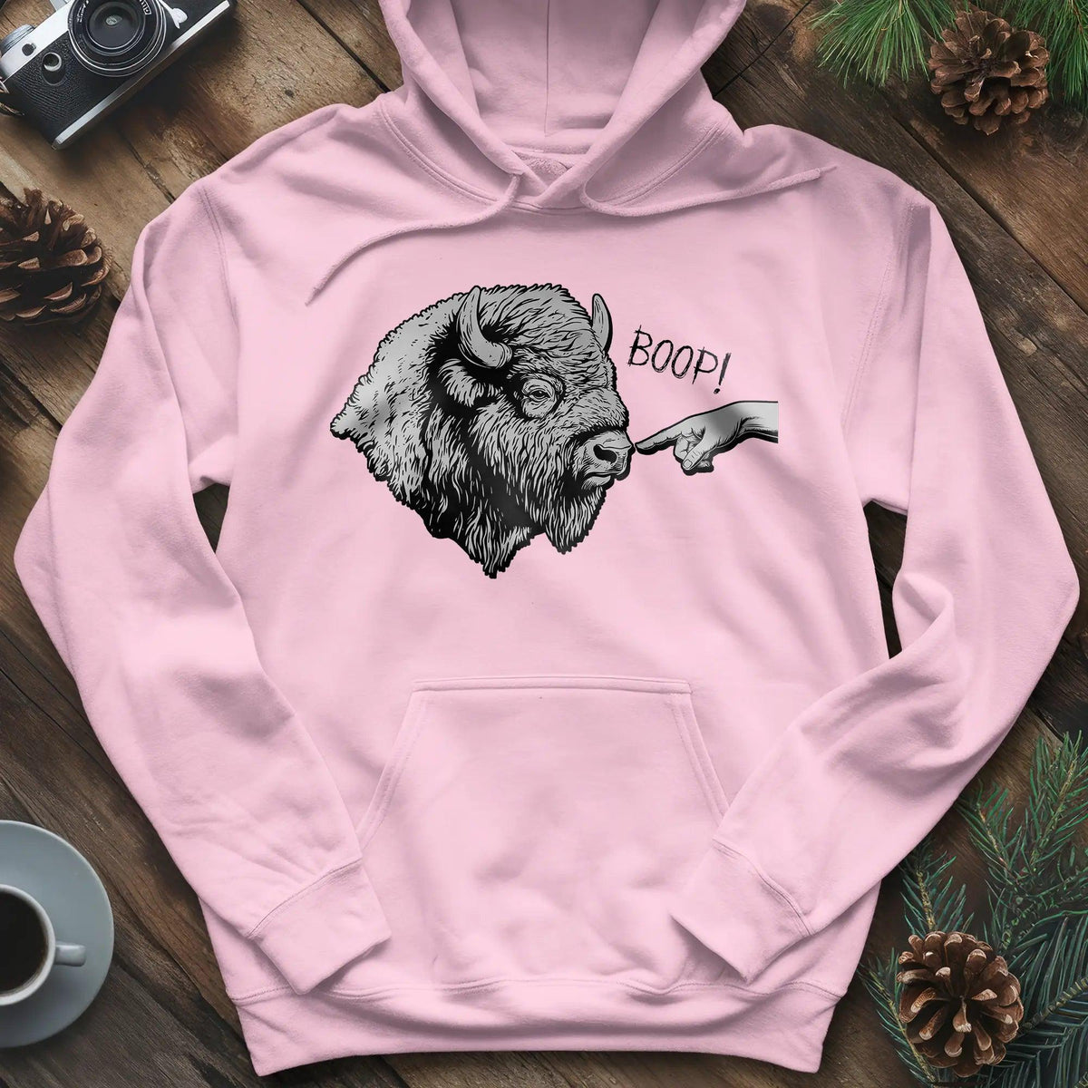Boop Bison Hoodie – Light Pink – Outdoor apparel for travel, hiking, camping, and nature lovers – ExpediCamp