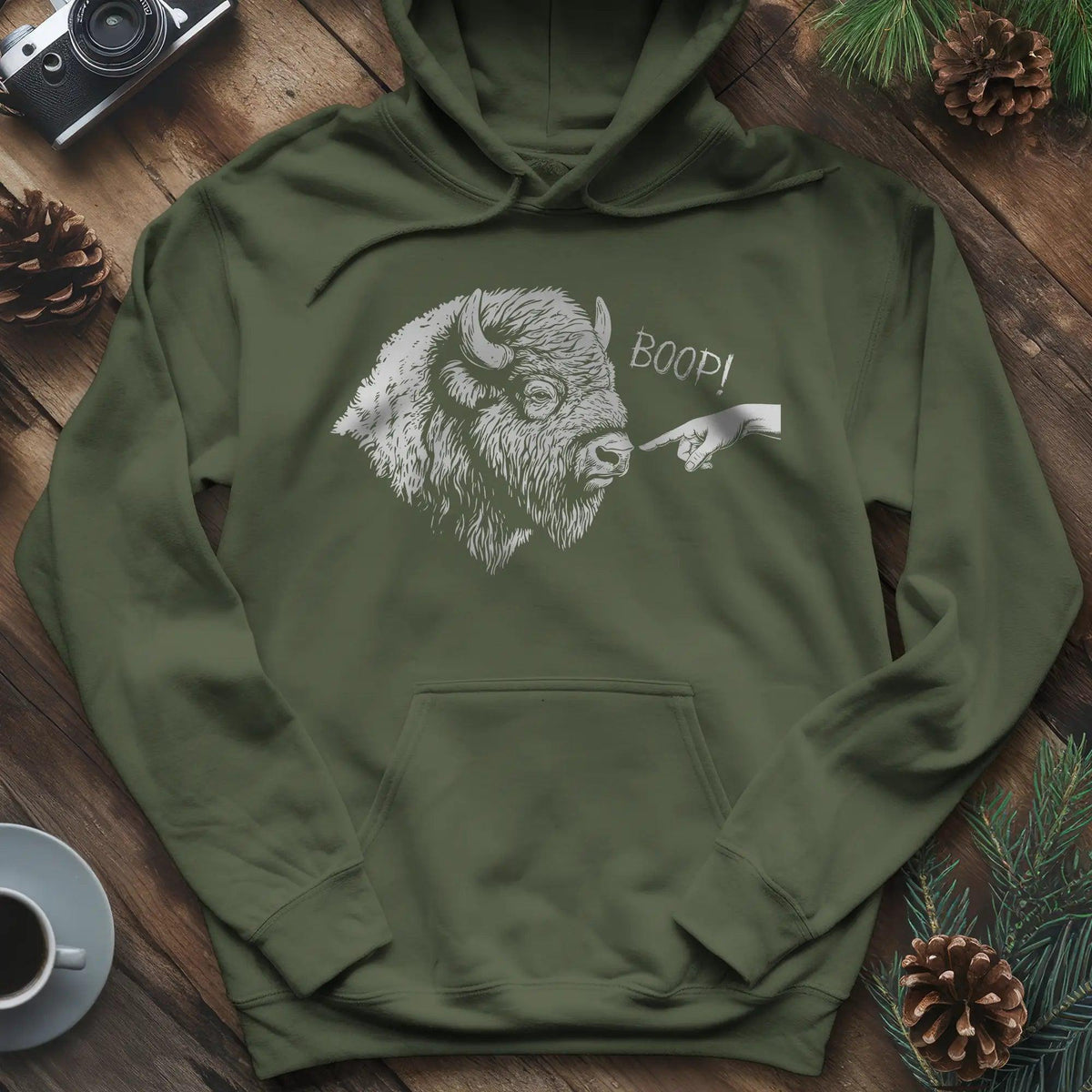 Boop Bison Hoodie – Military Green – Outdoor apparel for travel, hiking, camping, and nature lovers – ExpediCamp