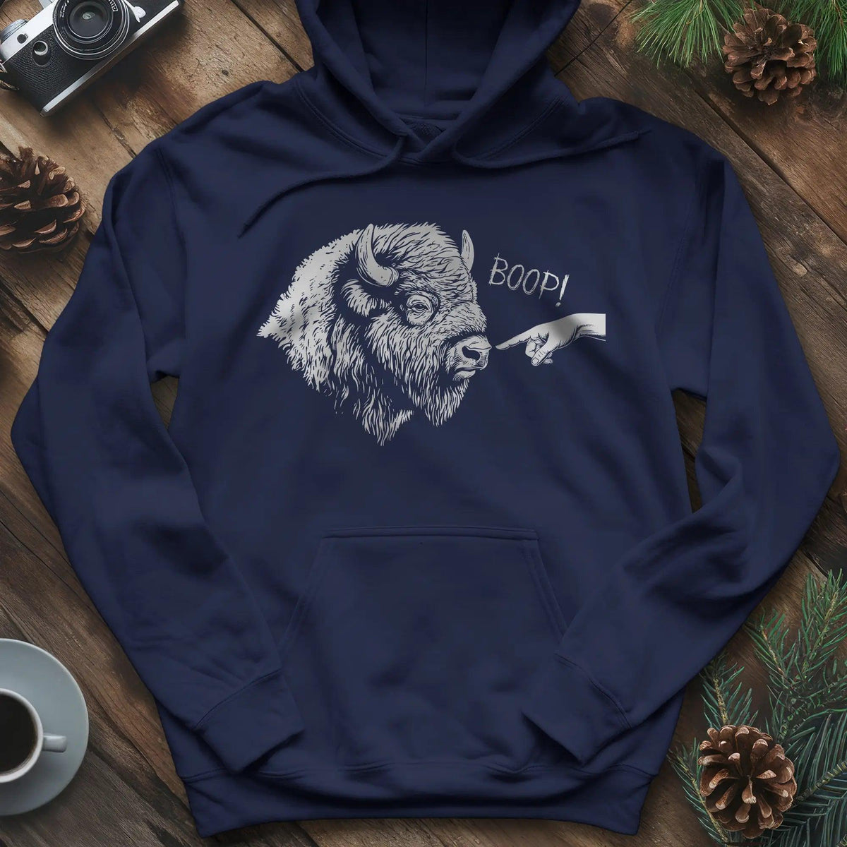 Boop Bison Hoodie – Navy – Outdoor apparel for travel, hiking, camping, and nature lovers – ExpediCamp