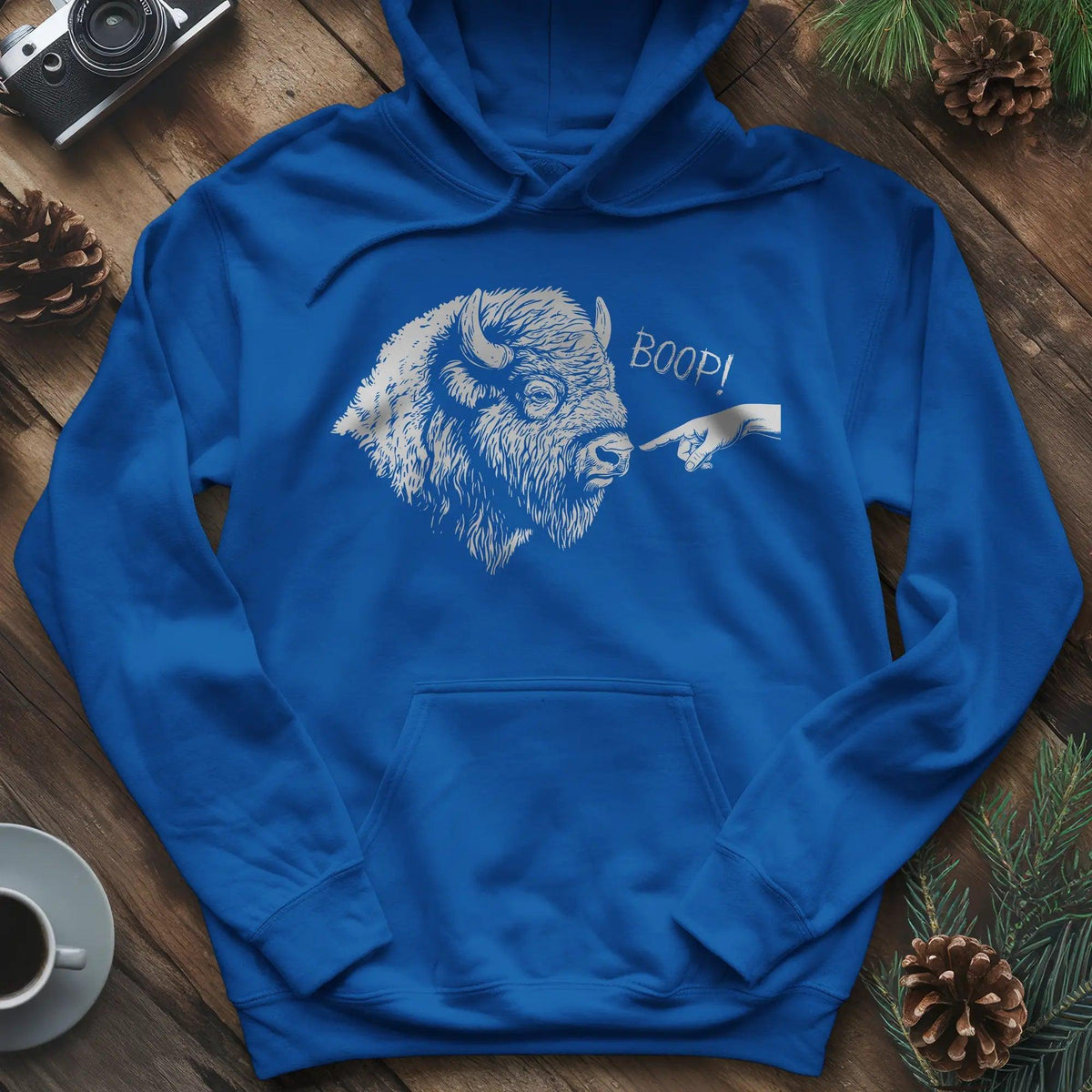 Boop Bison Hoodie – Royal – Outdoor apparel for travel, hiking, camping, and nature lovers – ExpediCamp