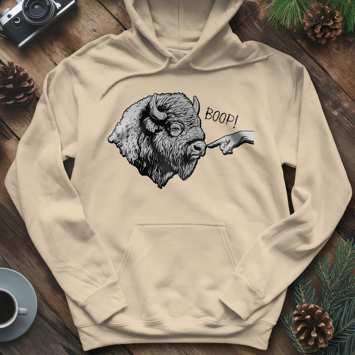 Boop Bison Hoodie – Sand – Outdoor apparel for travel, hiking, camping, and nature lovers – ExpediCamp
