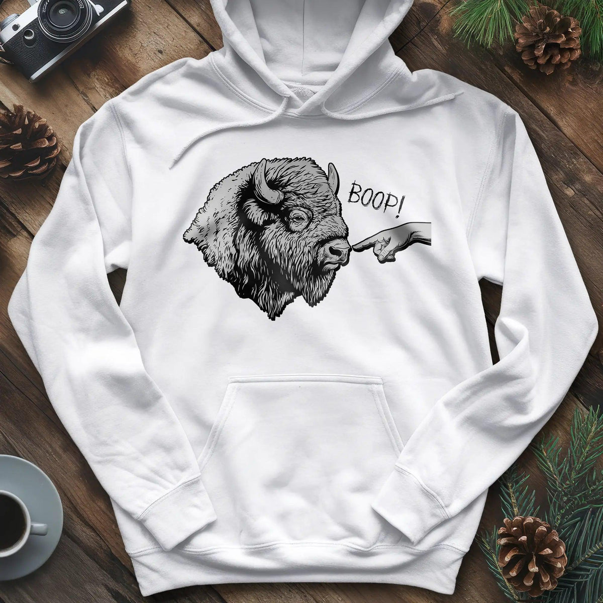 Boop Bison Hoodie – White – Outdoor apparel for travel, hiking, camping, and nature lovers – ExpediCamp