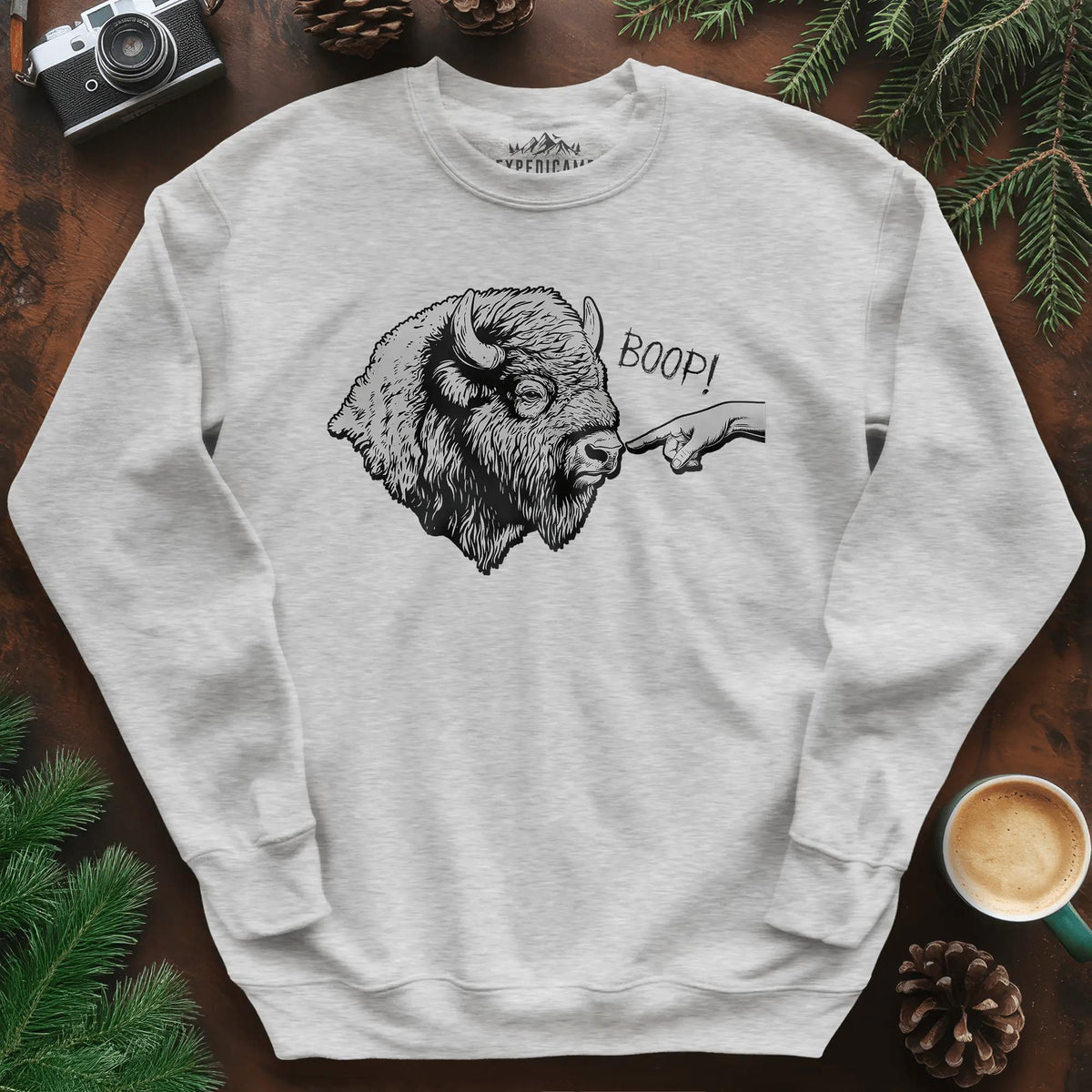 Boop Bison Sweatshirt – Ash – Outdoor apparel for travel, hiking, camping, and nature lovers – ExpediCamp