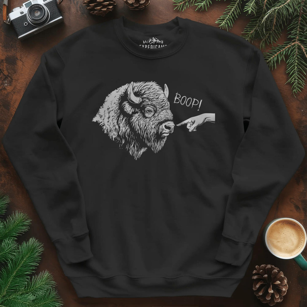 Boop Bison Sweatshirt – Black – Outdoor apparel for travel, hiking, camping, and nature lovers – ExpediCamp