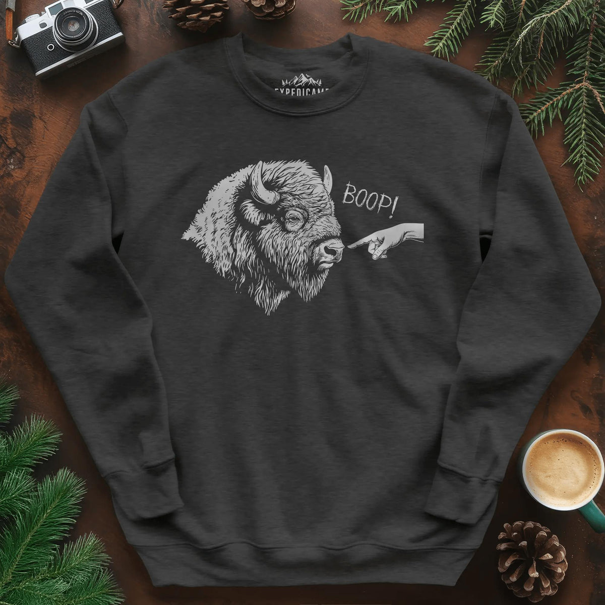 Boop Bison Sweatshirt – Dark Heather – Outdoor apparel for travel, hiking, camping, and nature lovers – ExpediCamp