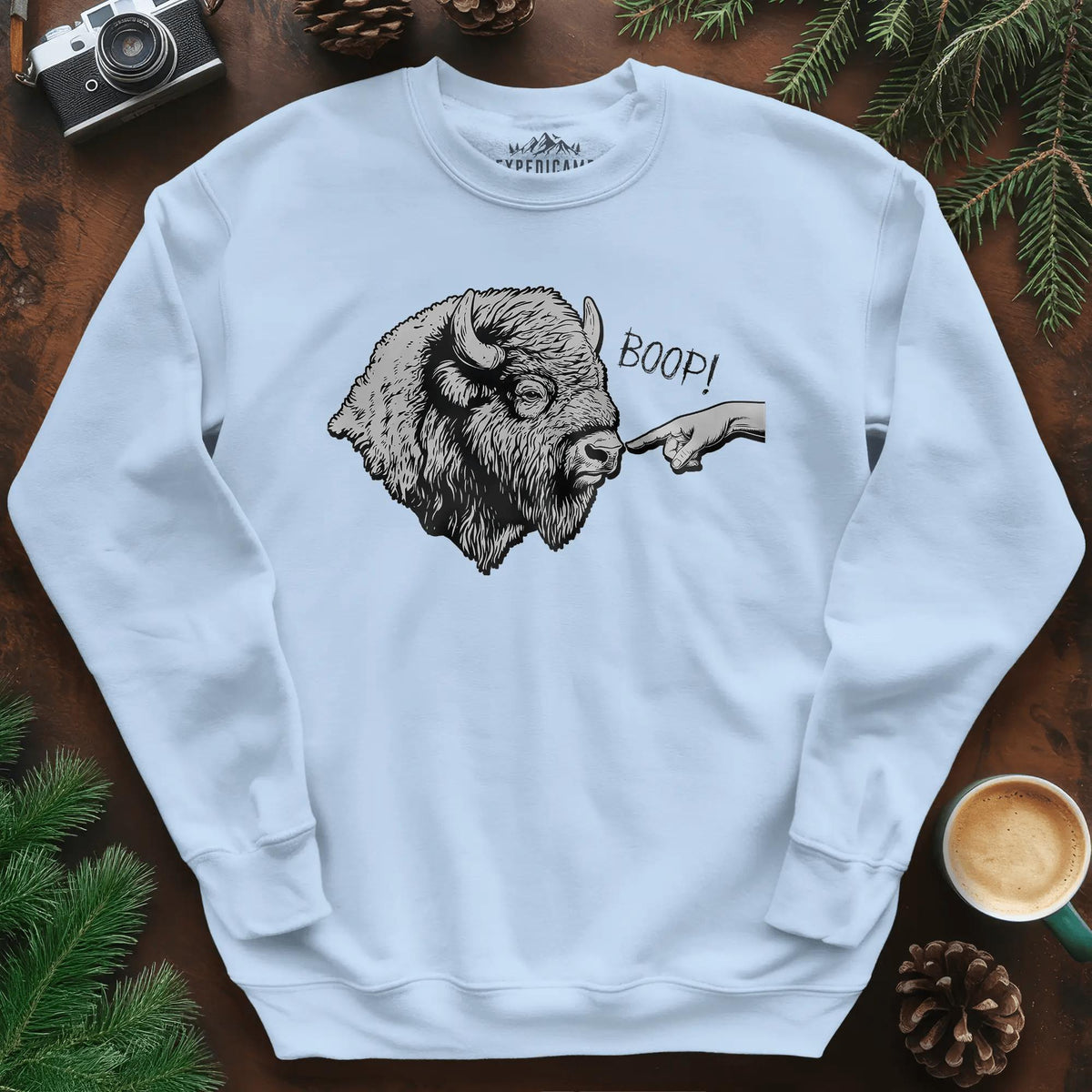 Boop Bison Sweatshirt – Light Blue – Outdoor apparel for travel, hiking, camping, and nature lovers – ExpediCamp