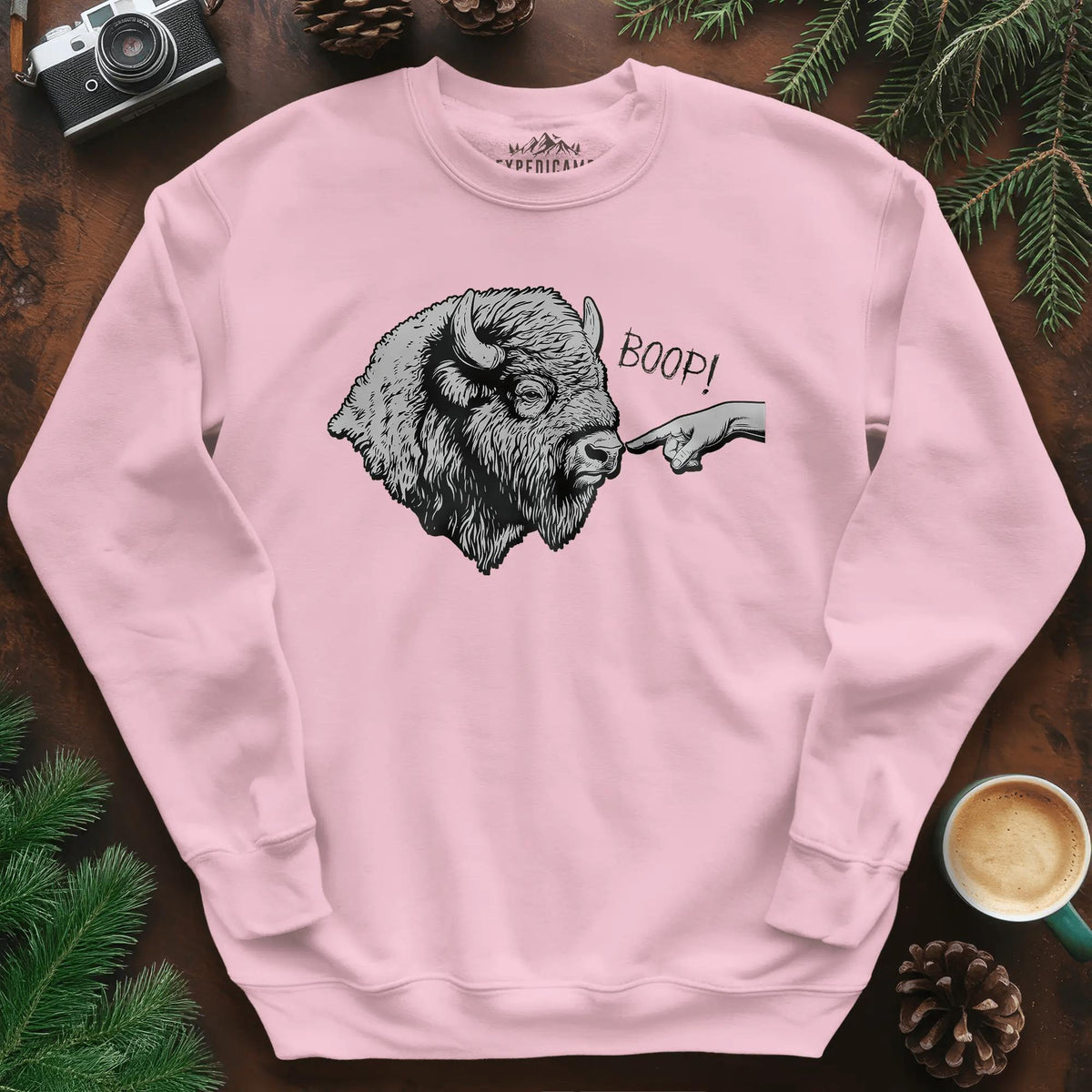 Boop Bison Sweatshirt – Light Pink – Outdoor apparel for travel, hiking, camping, and nature lovers – ExpediCamp