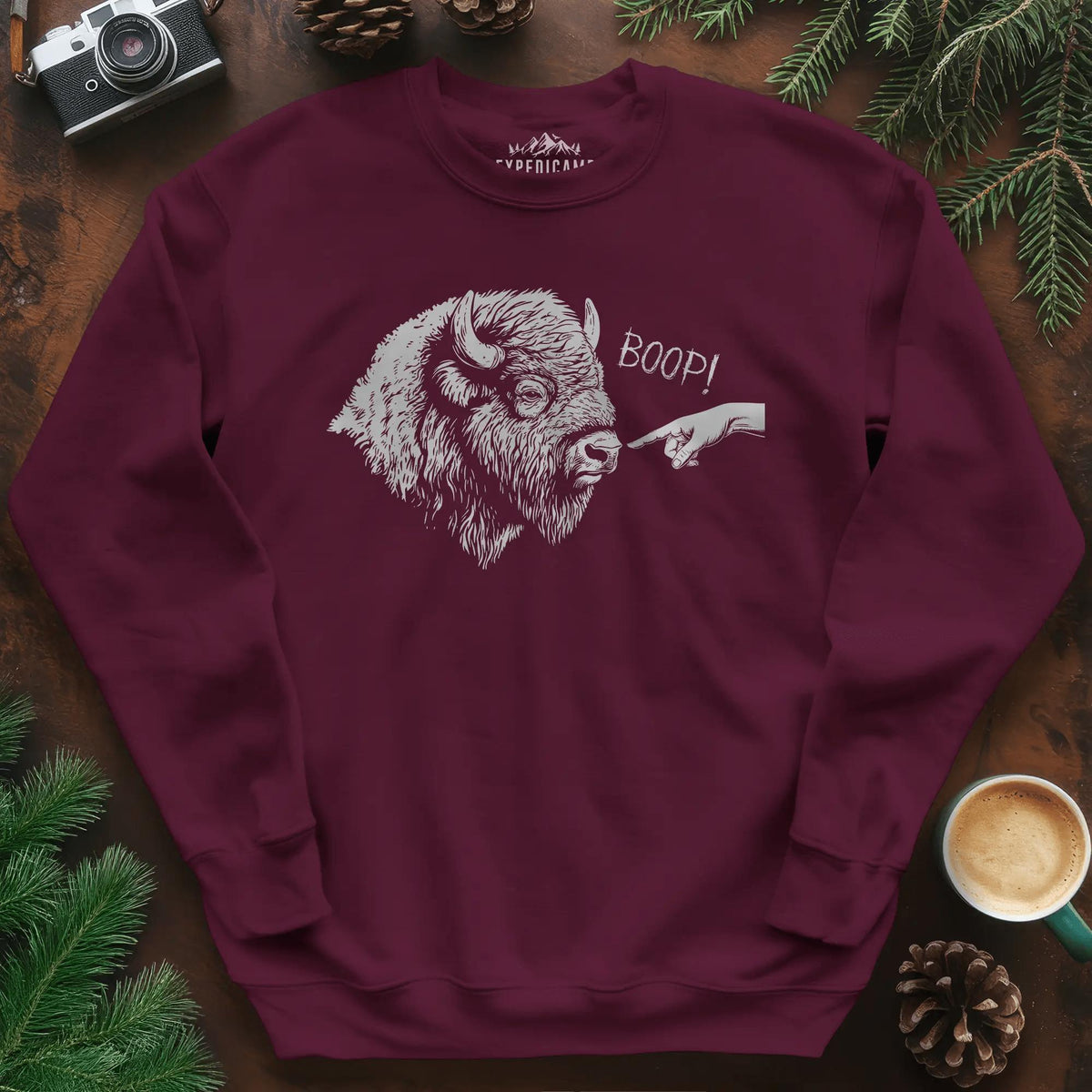 Boop Bison Sweatshirt – Maroon – Outdoor apparel for travel, hiking, camping, and nature lovers – ExpediCamp