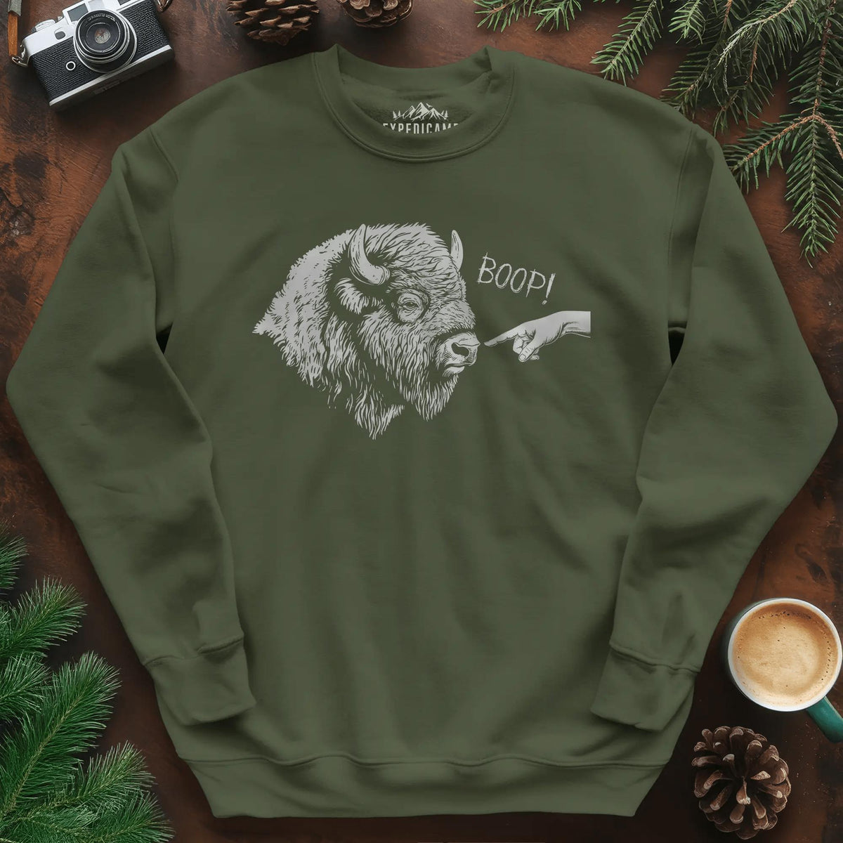Boop Bison Sweatshirt – Military Green – Outdoor apparel for travel, hiking, camping, and nature lovers – ExpediCamp