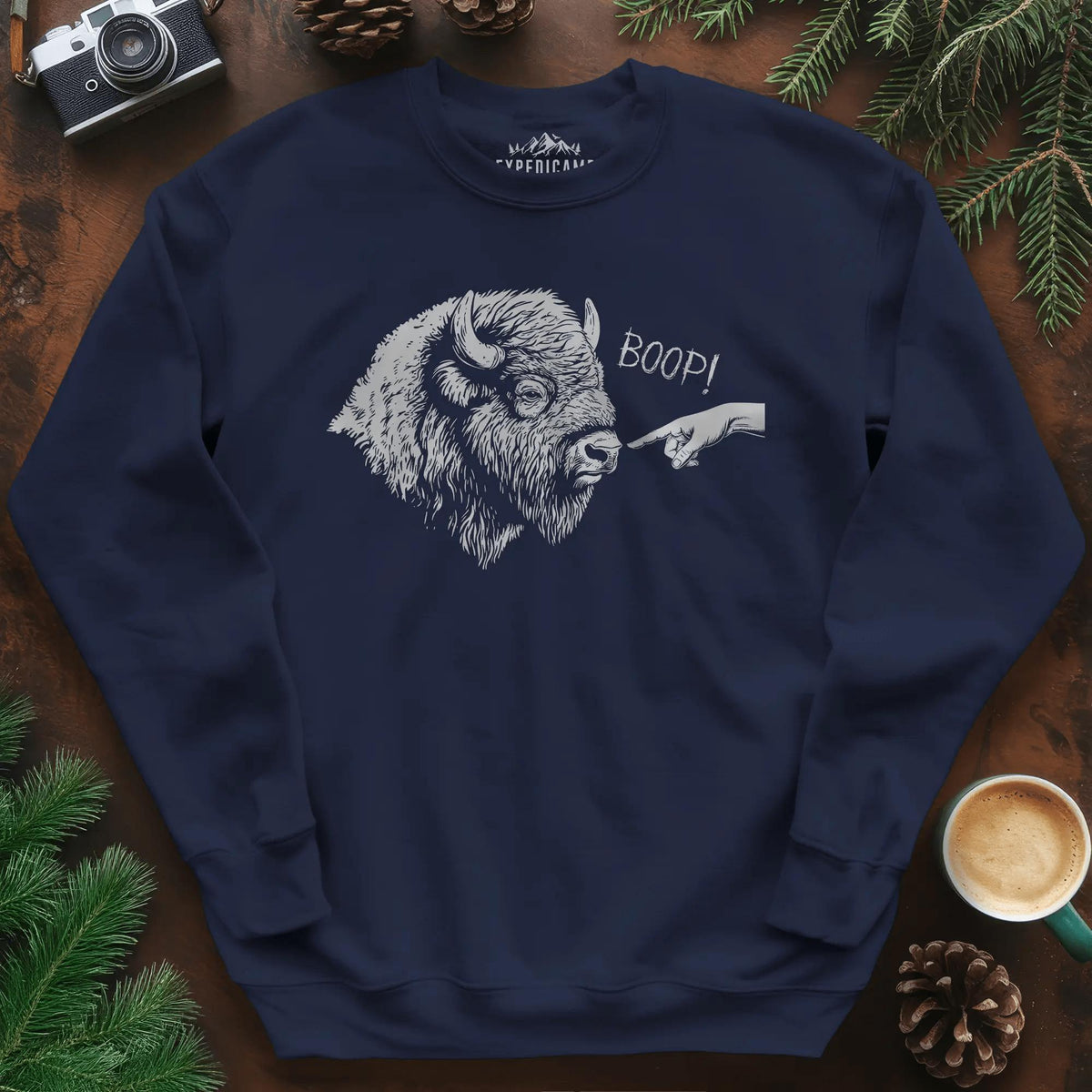 Boop Bison Sweatshirt – Navy – Outdoor apparel for travel, hiking, camping, and nature lovers – ExpediCamp
