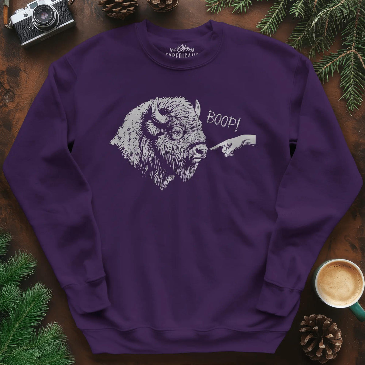 Boop Bison Sweatshirt – Purple – Outdoor apparel for travel, hiking, camping, and nature lovers – ExpediCamp