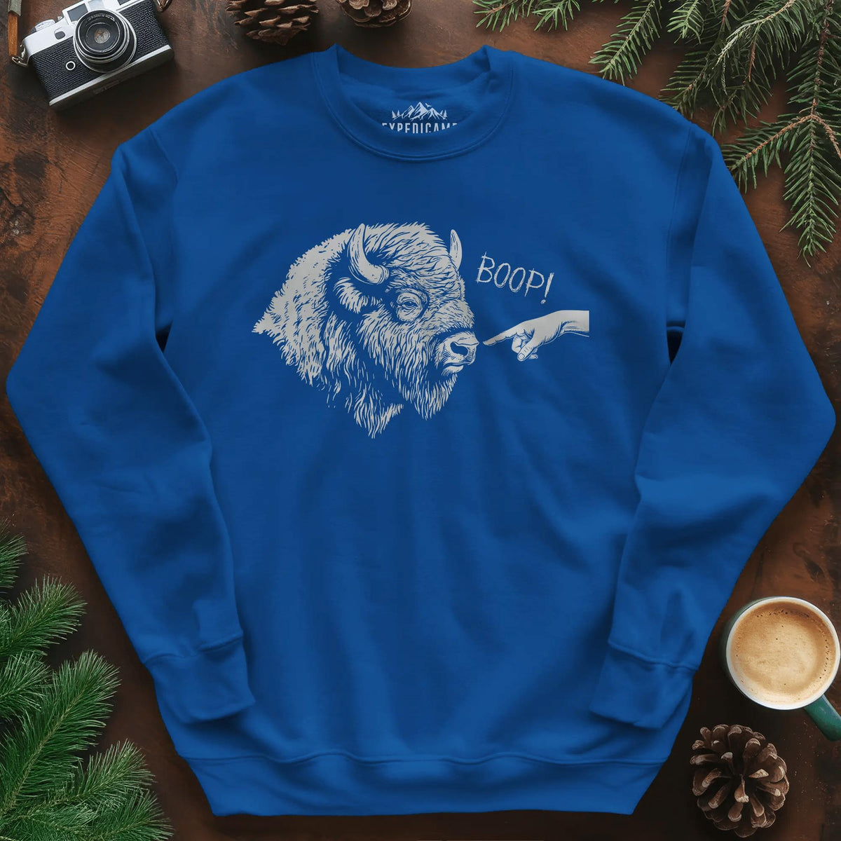 Boop Bison Sweatshirt – Royal – Outdoor apparel for travel, hiking, camping, and nature lovers – ExpediCamp