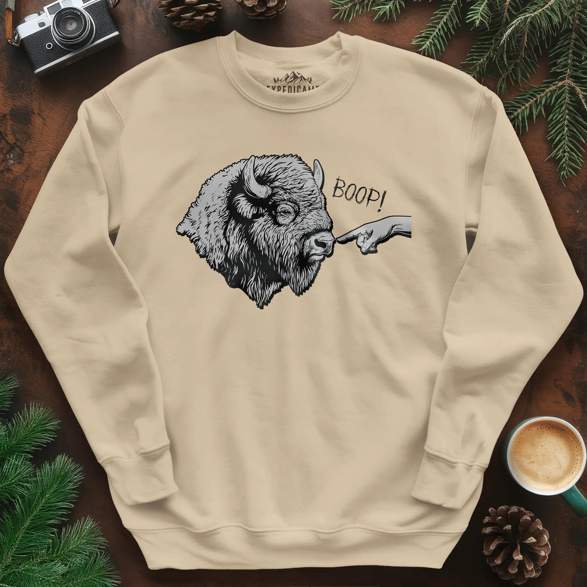 Boop Bison Sweatshirt – Sand – Outdoor apparel for travel, hiking, camping, and nature lovers – ExpediCamp