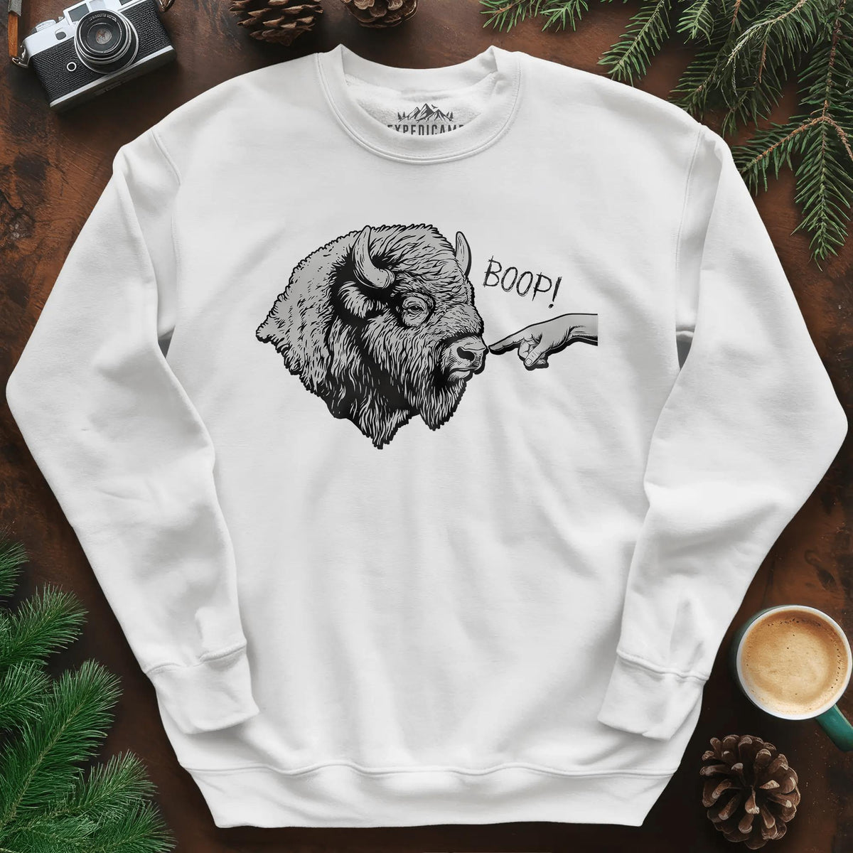Boop Bison Sweatshirt – White – Outdoor apparel for travel, hiking, camping, and nature lovers – ExpediCamp