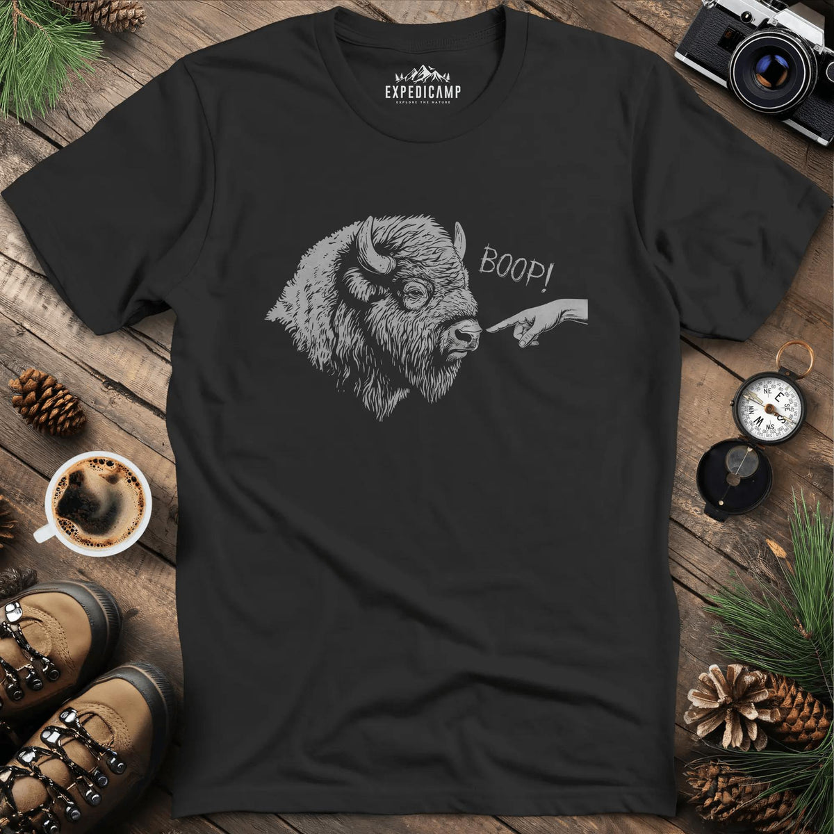 Boop Bison T-Shirt – Black – Outdoor apparel for travel, hiking, camping, and nature lovers – ExpediCamp
