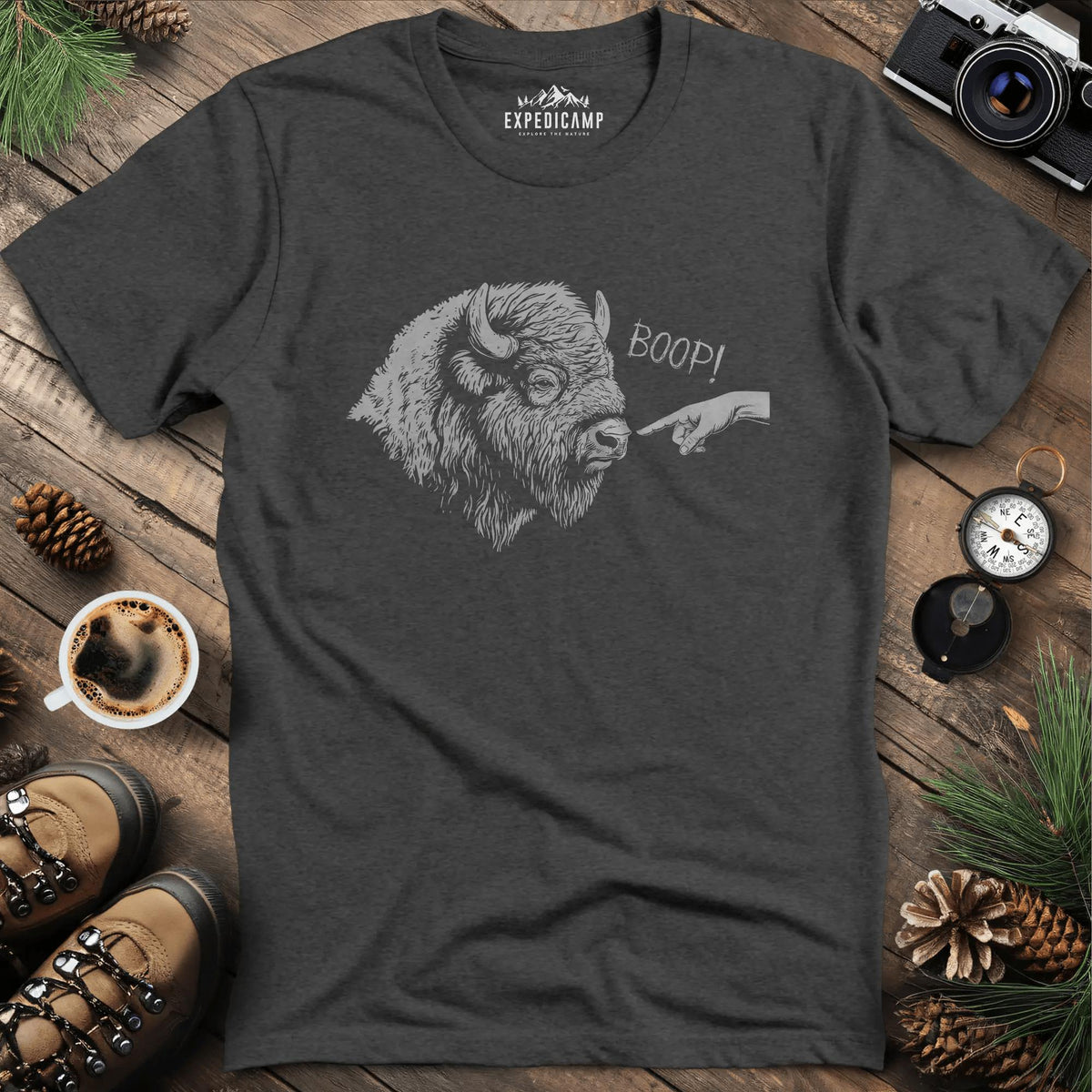 Boop Bison T-Shirt – Dark Heather – Outdoor apparel for travel, hiking, camping, and nature lovers – ExpediCamp