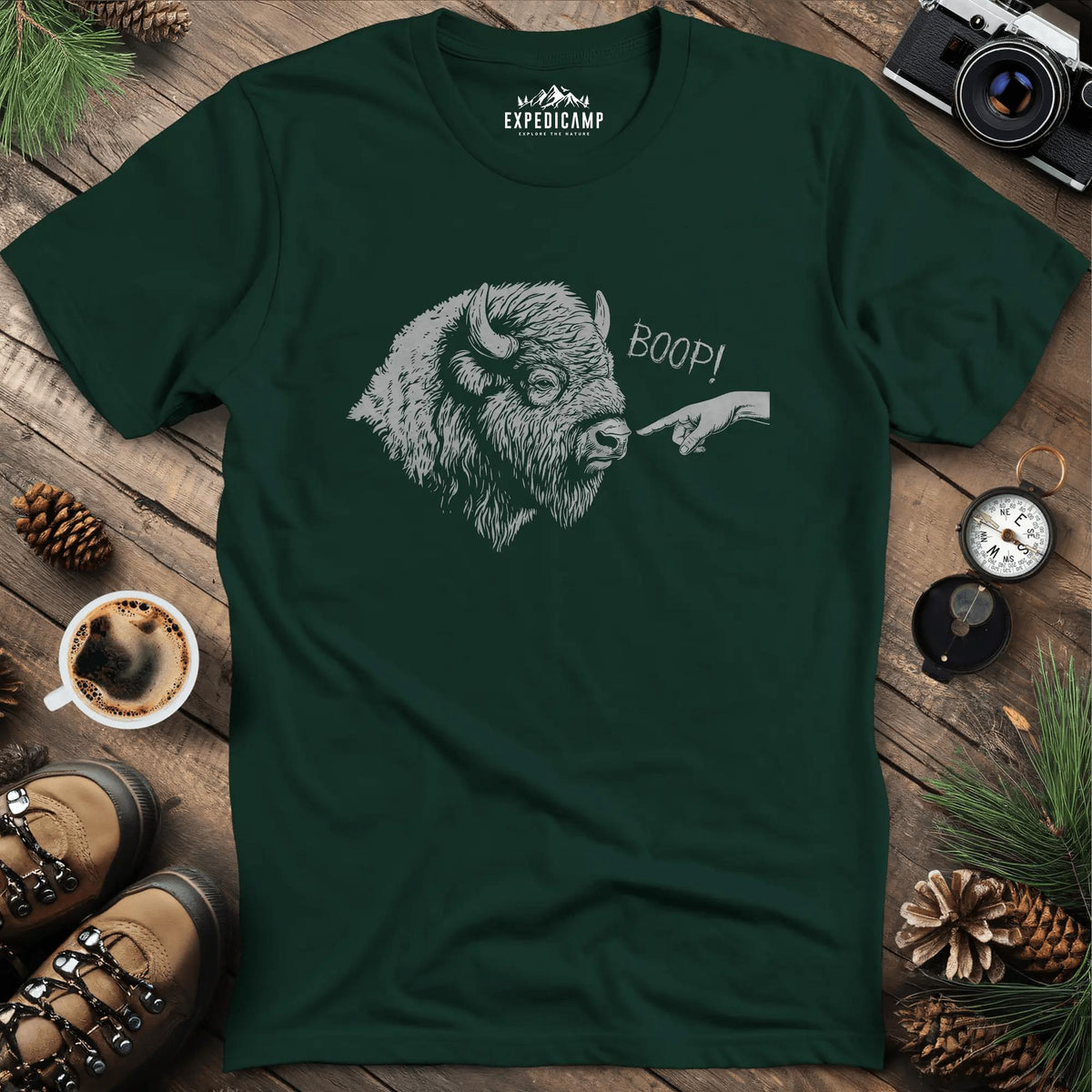 Boop Bison T-Shirt – Forest Green – Outdoor apparel for travel, hiking, camping, and nature lovers – ExpediCamp
