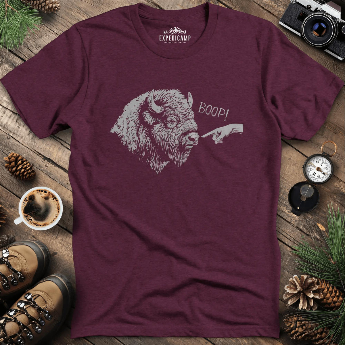 Boop Bison T-Shirt – Heather Maroon – Outdoor apparel for travel, hiking, camping, and nature lovers – ExpediCamp