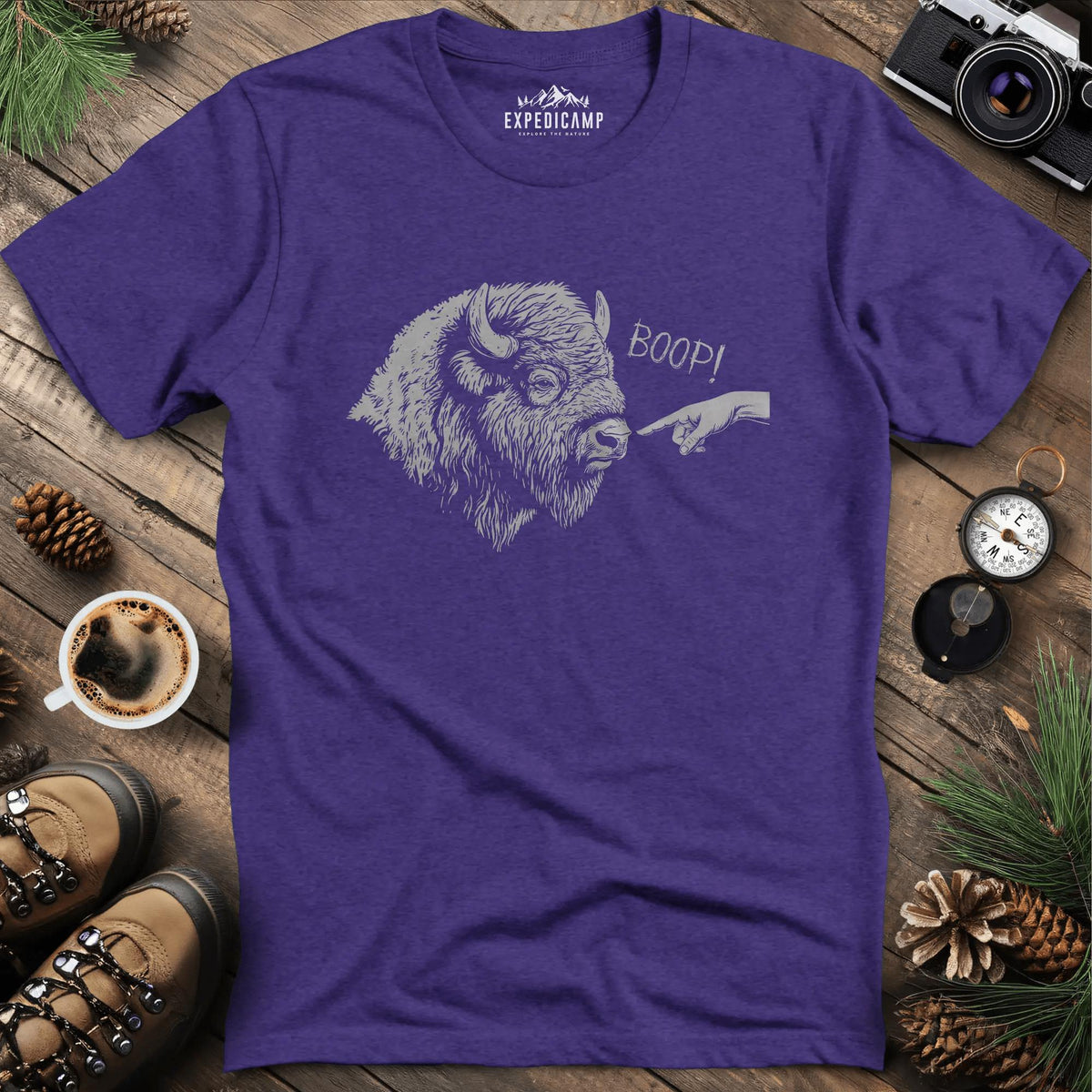 Boop Bison T-Shirt – Heather Purple – Outdoor apparel for travel, hiking, camping, and nature lovers – ExpediCamp