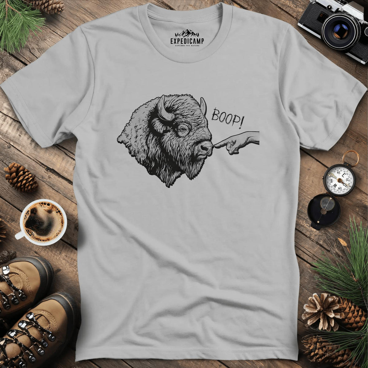 Boop Bison T-Shirt – Ice Grey – Outdoor apparel for travel, hiking, camping, and nature lovers – ExpediCamp