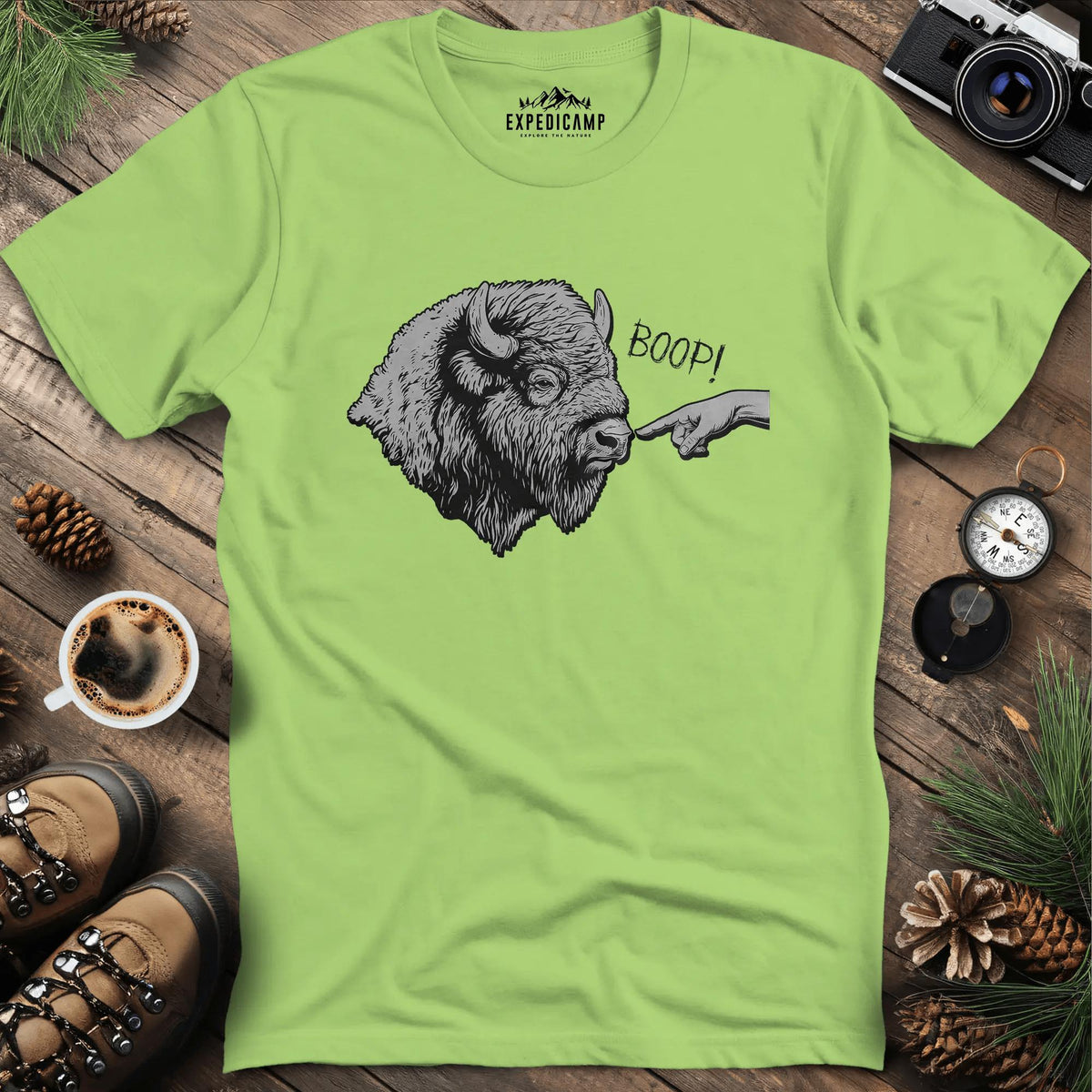 Boop Bison T-Shirt – Kiwi – Outdoor apparel for travel, hiking, camping, and nature lovers – ExpediCamp