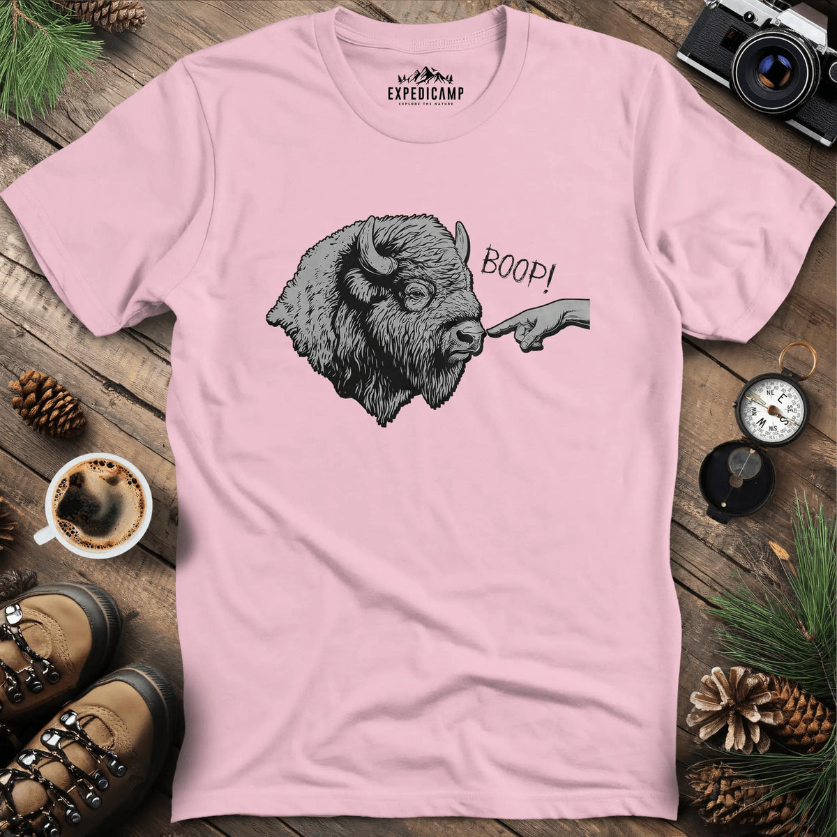 Boop Bison T-Shirt – Light Pink – Outdoor apparel for travel, hiking, camping, and nature lovers – ExpediCamp