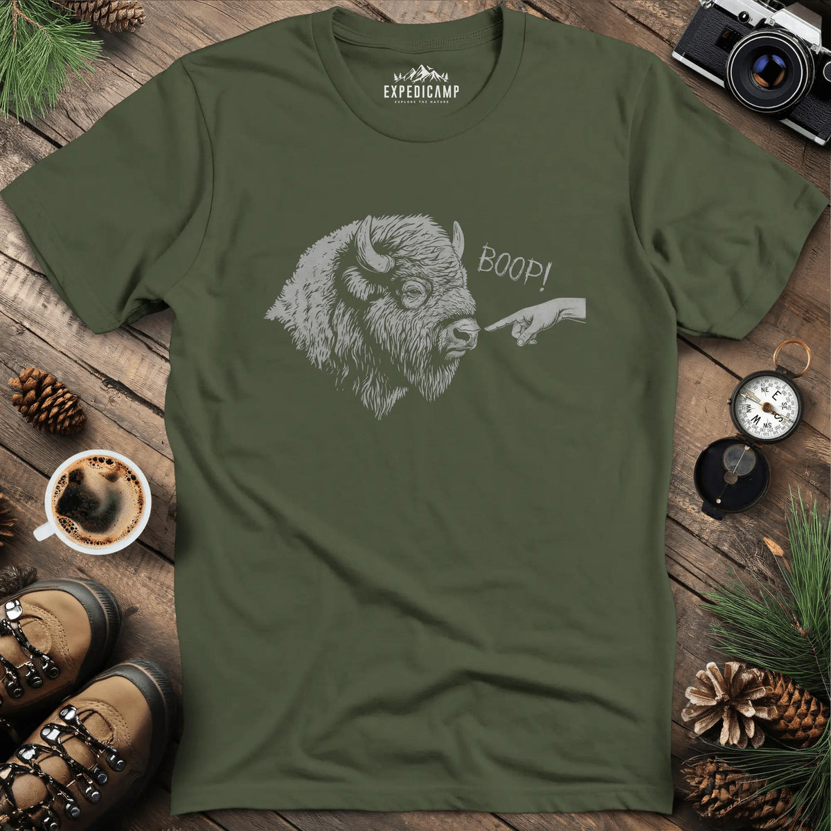 Boop Bison T-Shirt – Military Green – Outdoor apparel for travel, hiking, camping, and nature lovers – ExpediCamp