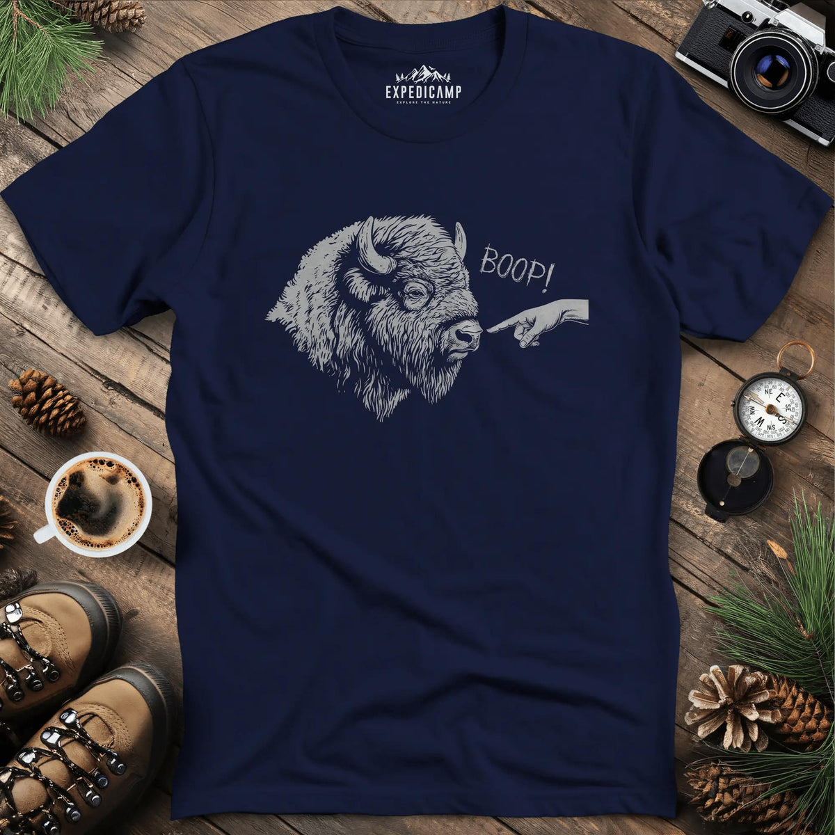 Boop Bison T-Shirt – Navy – Outdoor apparel for travel, hiking, camping, and nature lovers – ExpediCamp