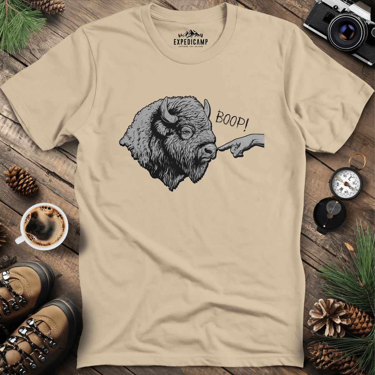 Boop Bison T-Shirt – Sand – Outdoor apparel for travel, hiking, camping, and nature lovers – ExpediCamp