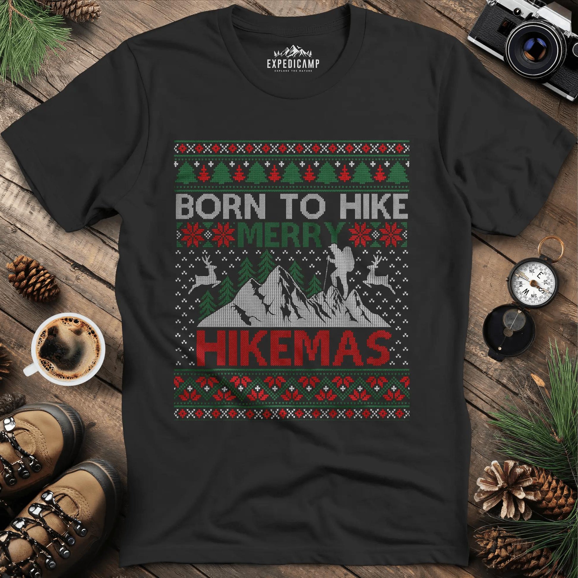 Born to Hike Merry Hikemas T-Shirt – Black – Outdoor apparel for travel, hiking, camping, and nature lovers – ExpediCamp