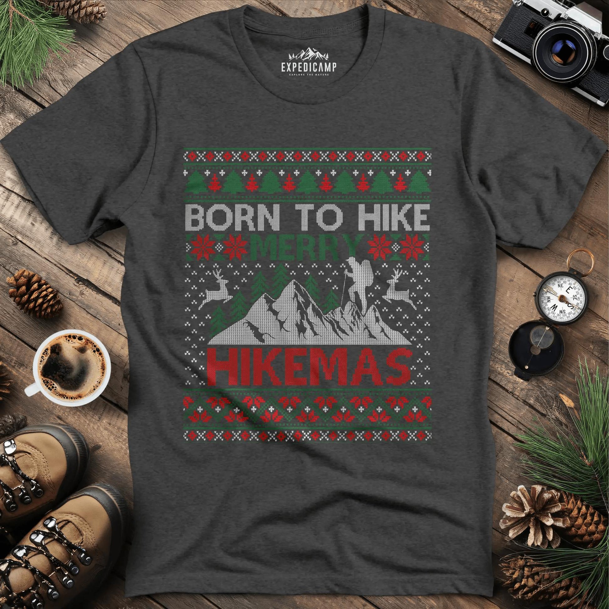 Born to Hike Merry Hikemas T-Shirt – Dark Heather – Outdoor apparel for travel, hiking, camping, and nature lovers – ExpediCamp