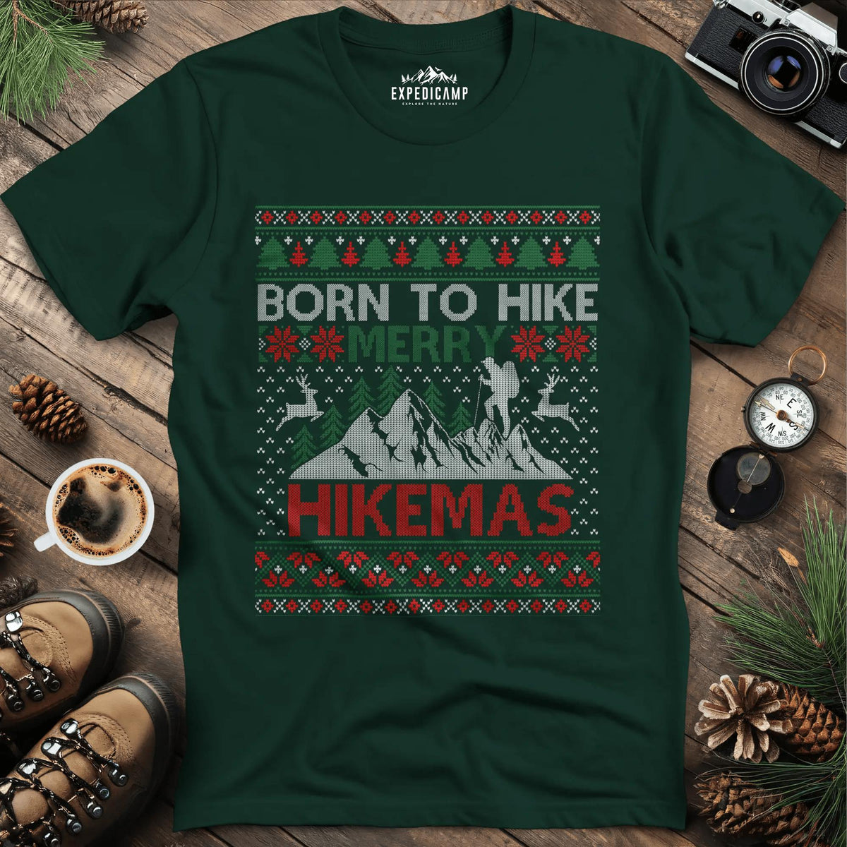 Born to Hike Merry Hikemas T-Shirt – Forest Green – Outdoor apparel for travel, hiking, camping, and nature lovers – ExpediCamp