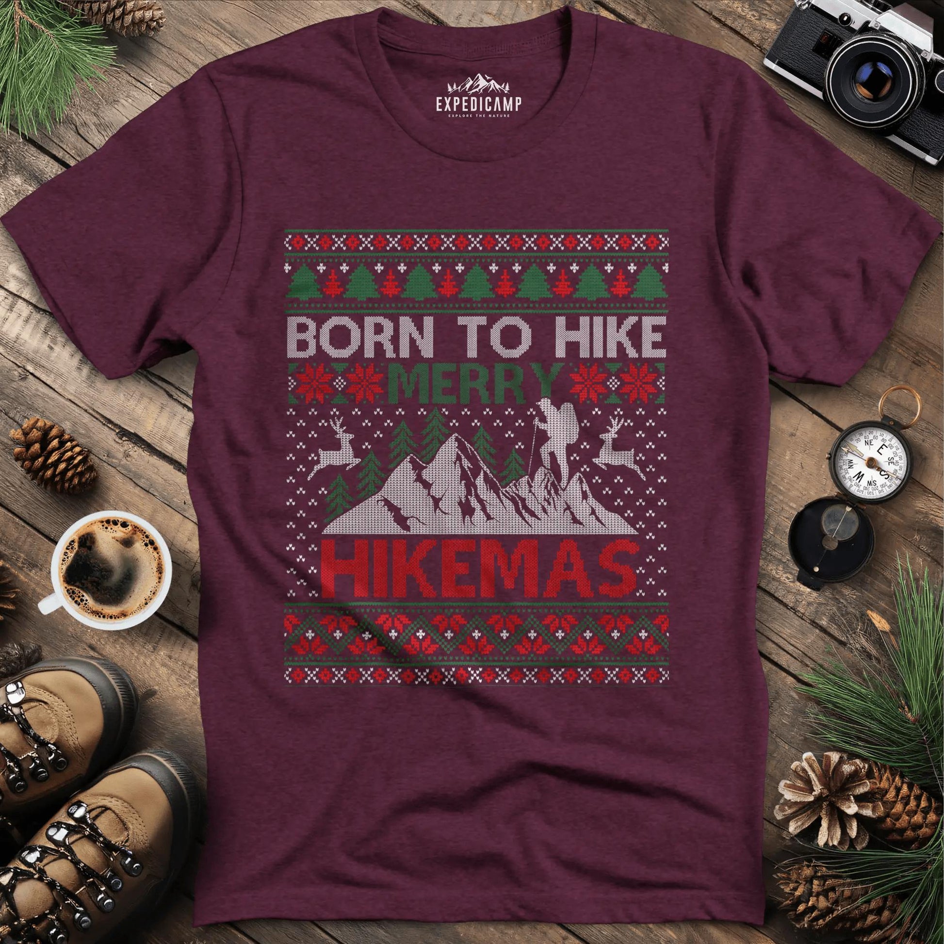 Born to Hike Merry Hikemas T-Shirt – Heather Maroon – Outdoor apparel for travel, hiking, camping, and nature lovers – ExpediCamp