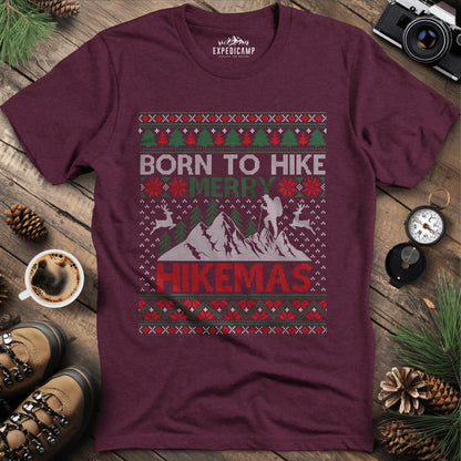 Born to Hike Merry Hikemas T-Shirt – Heather Maroon – Outdoor apparel for travel, hiking, camping, and nature lovers – ExpediCamp