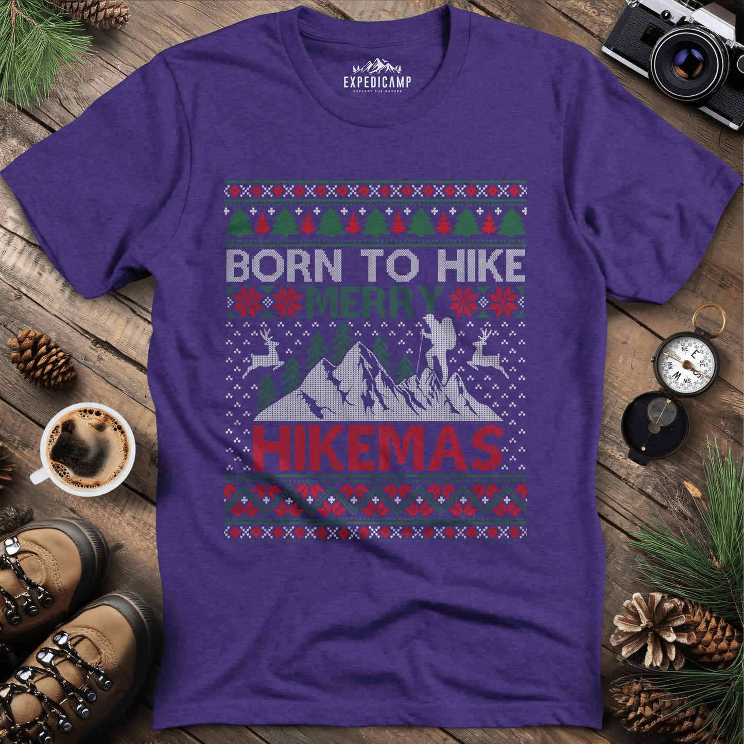 Born to Hike Merry Hikemas T-Shirt – Heather Purple – Outdoor apparel for travel, hiking, camping, and nature lovers – ExpediCamp