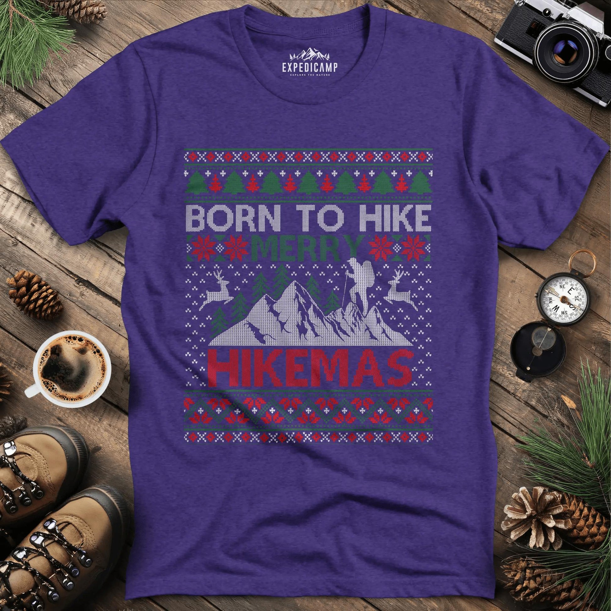 Born to Hike Merry Hikemas T-Shirt – Heather Purple – Outdoor apparel for travel, hiking, camping, and nature lovers – ExpediCamp