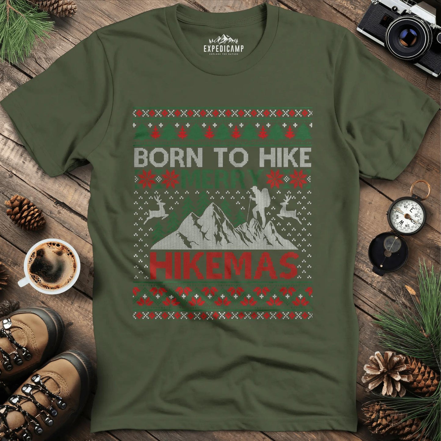 Born to Hike Merry Hikemas T-Shirt – Military Green – Outdoor apparel for travel, hiking, camping, and nature lovers – ExpediCamp