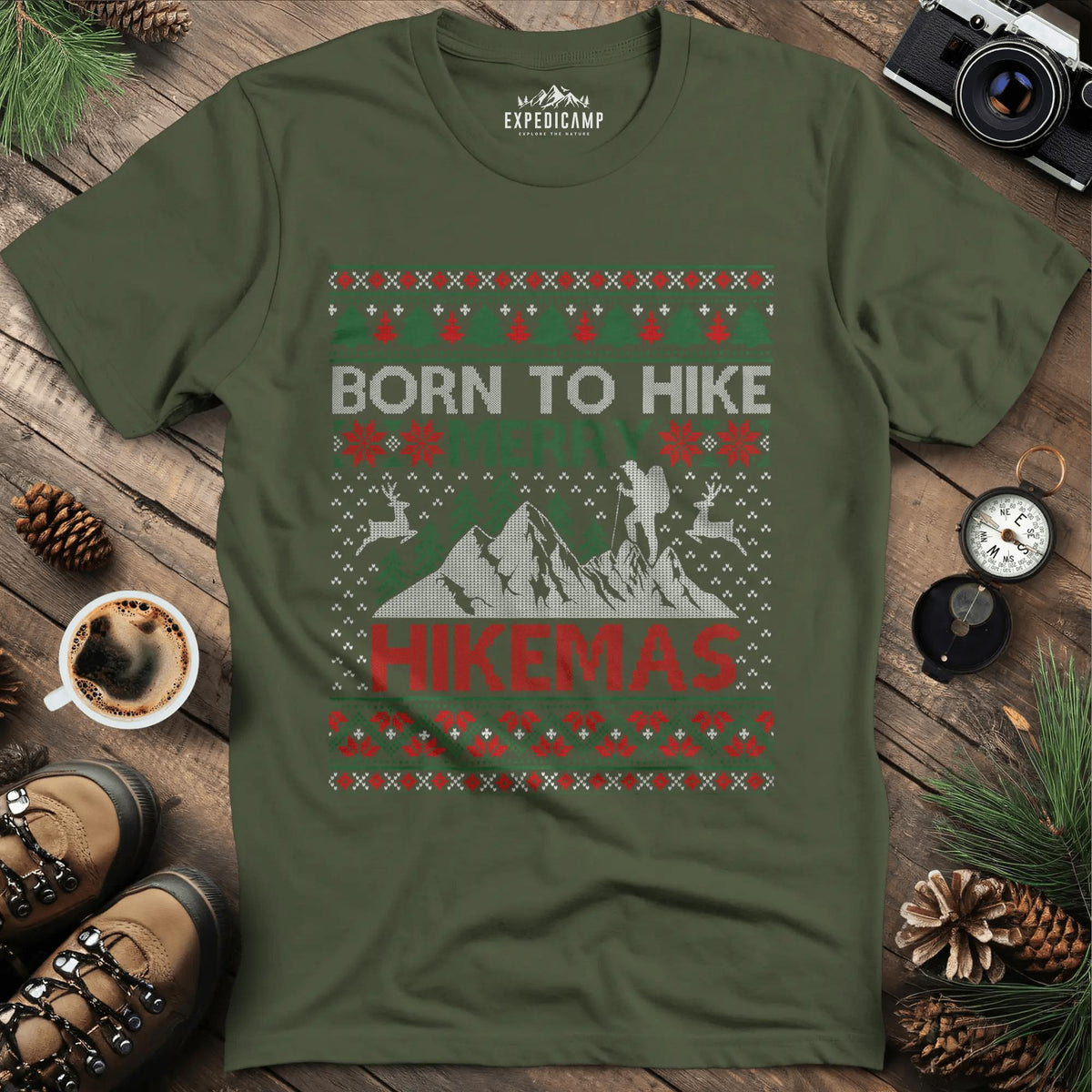 Born to Hike Merry Hikemas T-Shirt – Military Green – Outdoor apparel for travel, hiking, camping, and nature lovers – ExpediCamp