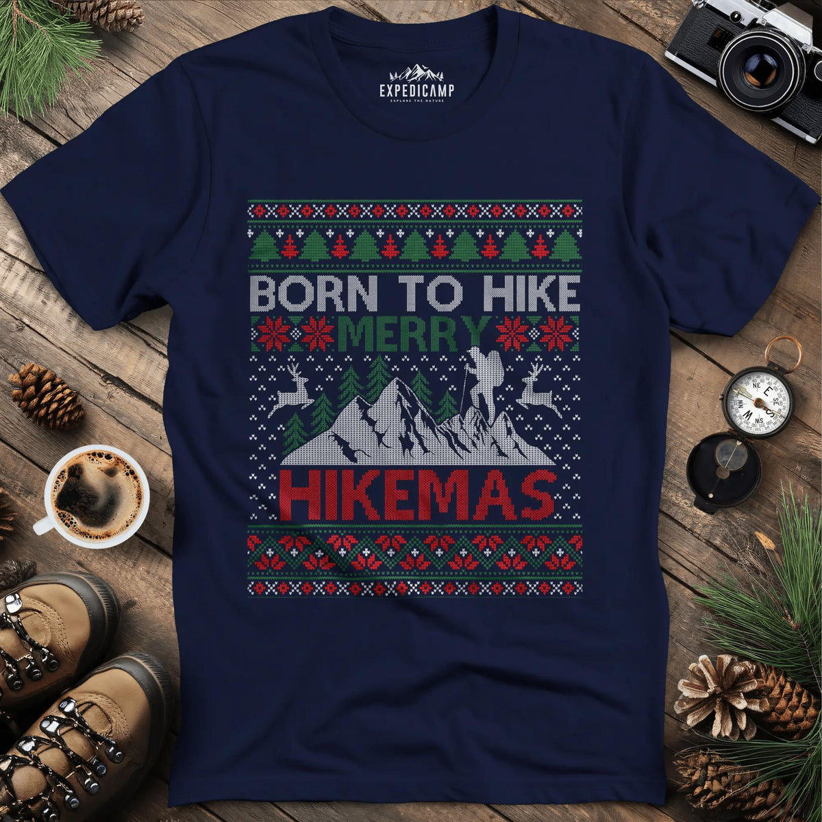 Born to Hike Merry Hikemas T-Shirt – Navy – Outdoor apparel for travel, hiking, camping, and nature lovers – ExpediCamp