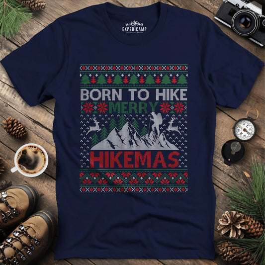 Born to Hike Merry Hikemas T-Shirt – Navy – Outdoor apparel for travel, hiking, camping, and nature lovers – ExpediCamp