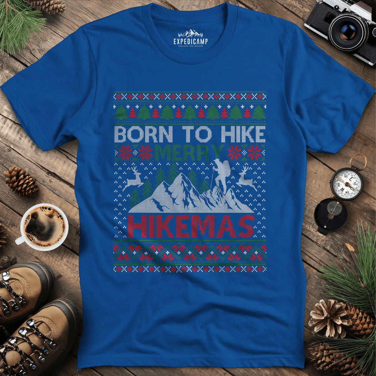 Born to Hike Merry Hikemas T-Shirt – Royal – Outdoor apparel for travel, hiking, camping, and nature lovers – ExpediCamp