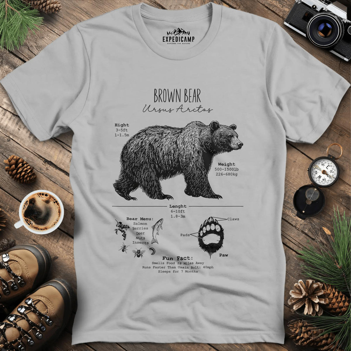 Brown Bear Anatomy Grizzly Biology T-Shirt – Ice Grey – Outdoor apparel for travel, hiking, camping, and nature lovers – ExpediCamp