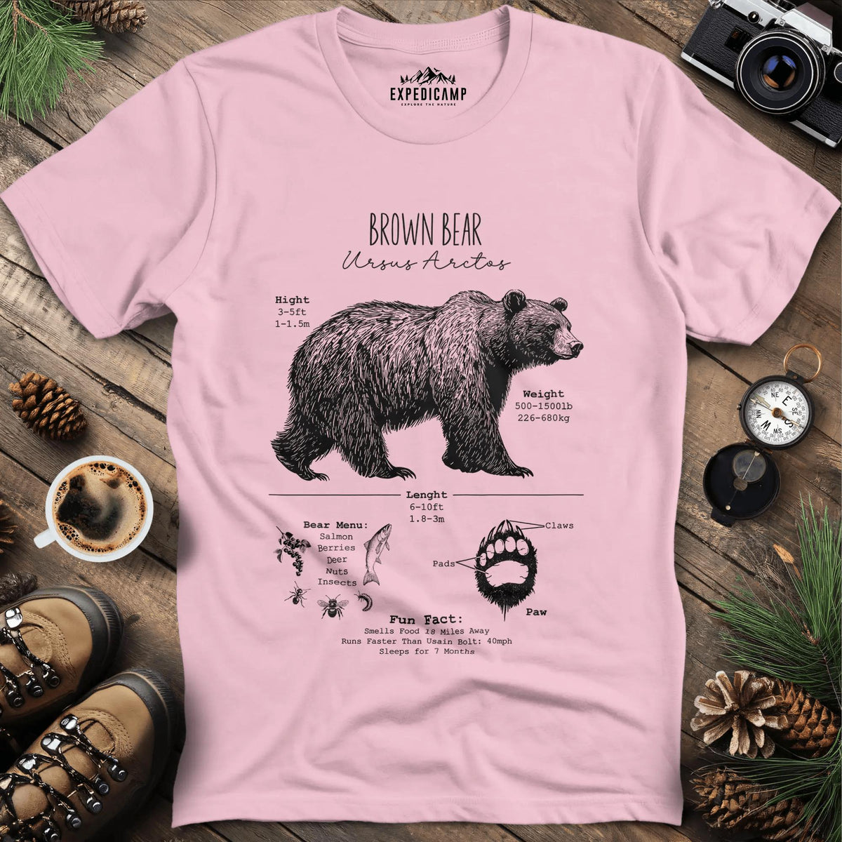 Brown Bear Anatomy Grizzly Biology T-Shirt – Light Pink – Outdoor apparel for travel, hiking, camping, and nature lovers – ExpediCamp