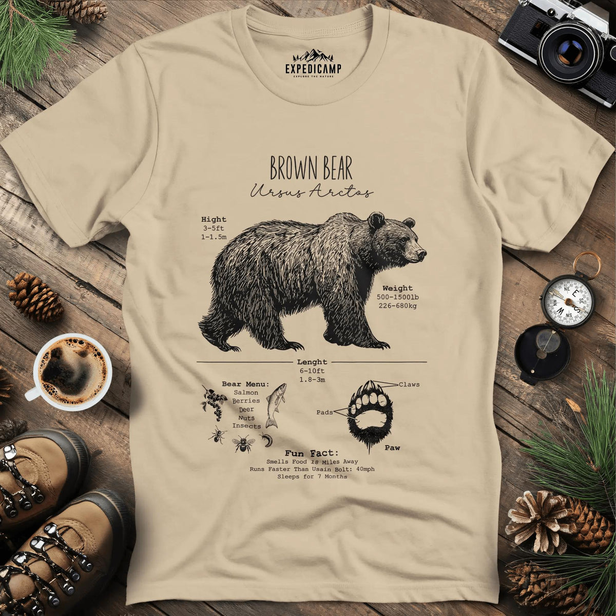 Brown Bear Anatomy Grizzly Biology T-Shirt – Sand – Outdoor apparel for travel, hiking, camping, and nature lovers – ExpediCamp