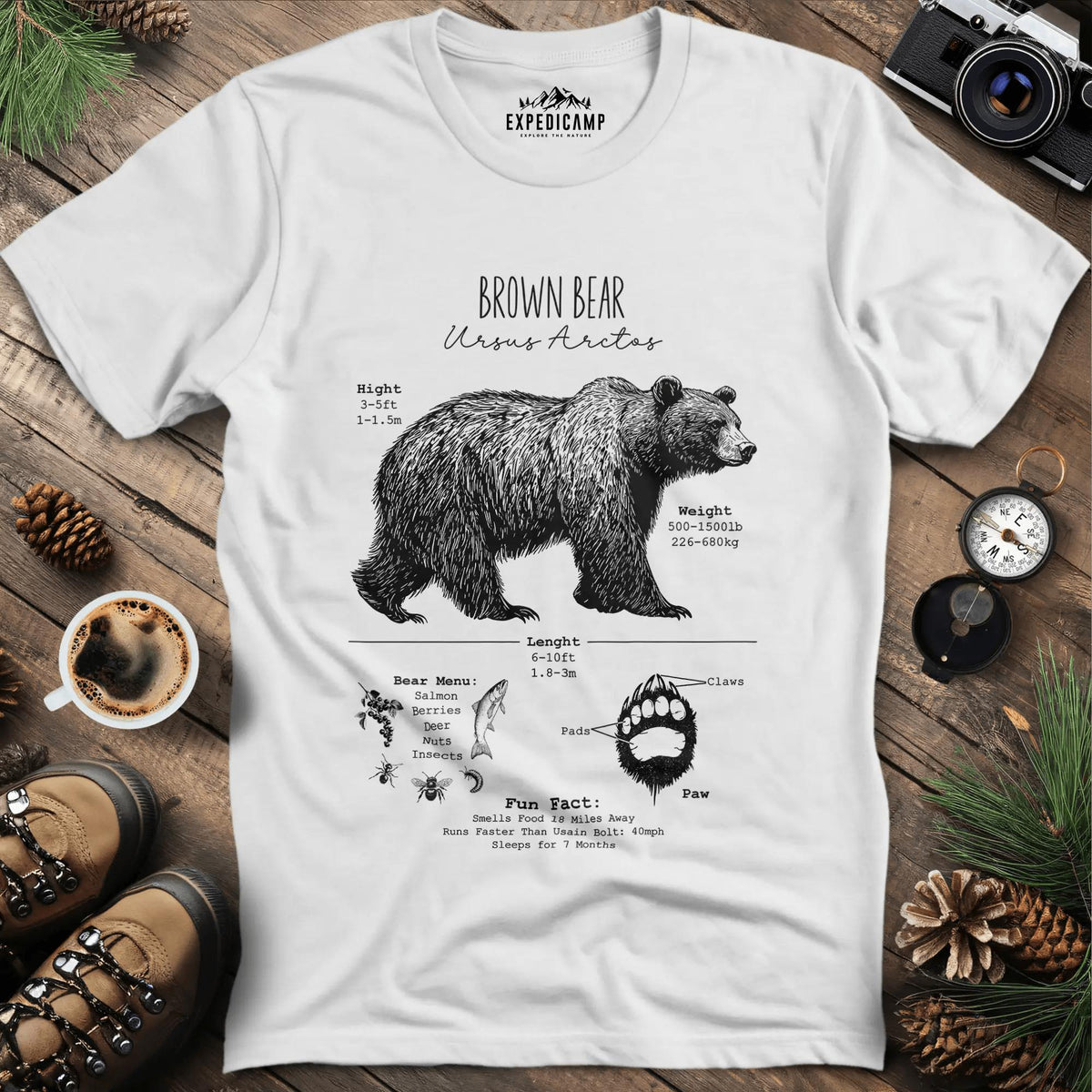 Brown Bear Anatomy Grizzly Biology T-Shirt – White – Outdoor apparel for travel, hiking, camping, and nature lovers – ExpediCamp